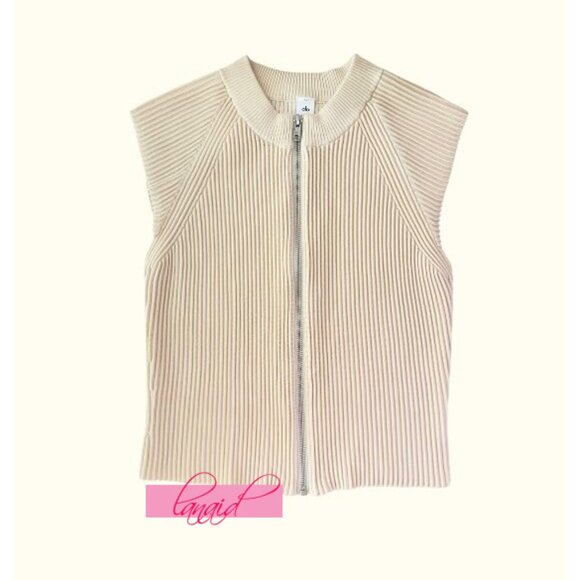 Alo Denim Knit Sleeveless Full Zip Top Oat Milk Beige Cream Sweater Knit Zipper - Picture 11 of 15
